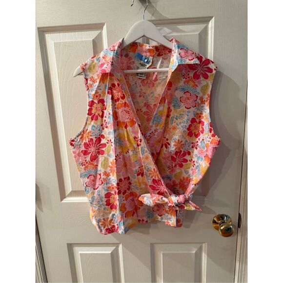 Talbots Irish Linen Blend Floral Sleeveless Wrap Top sz L EUC - Picture 1 of 7